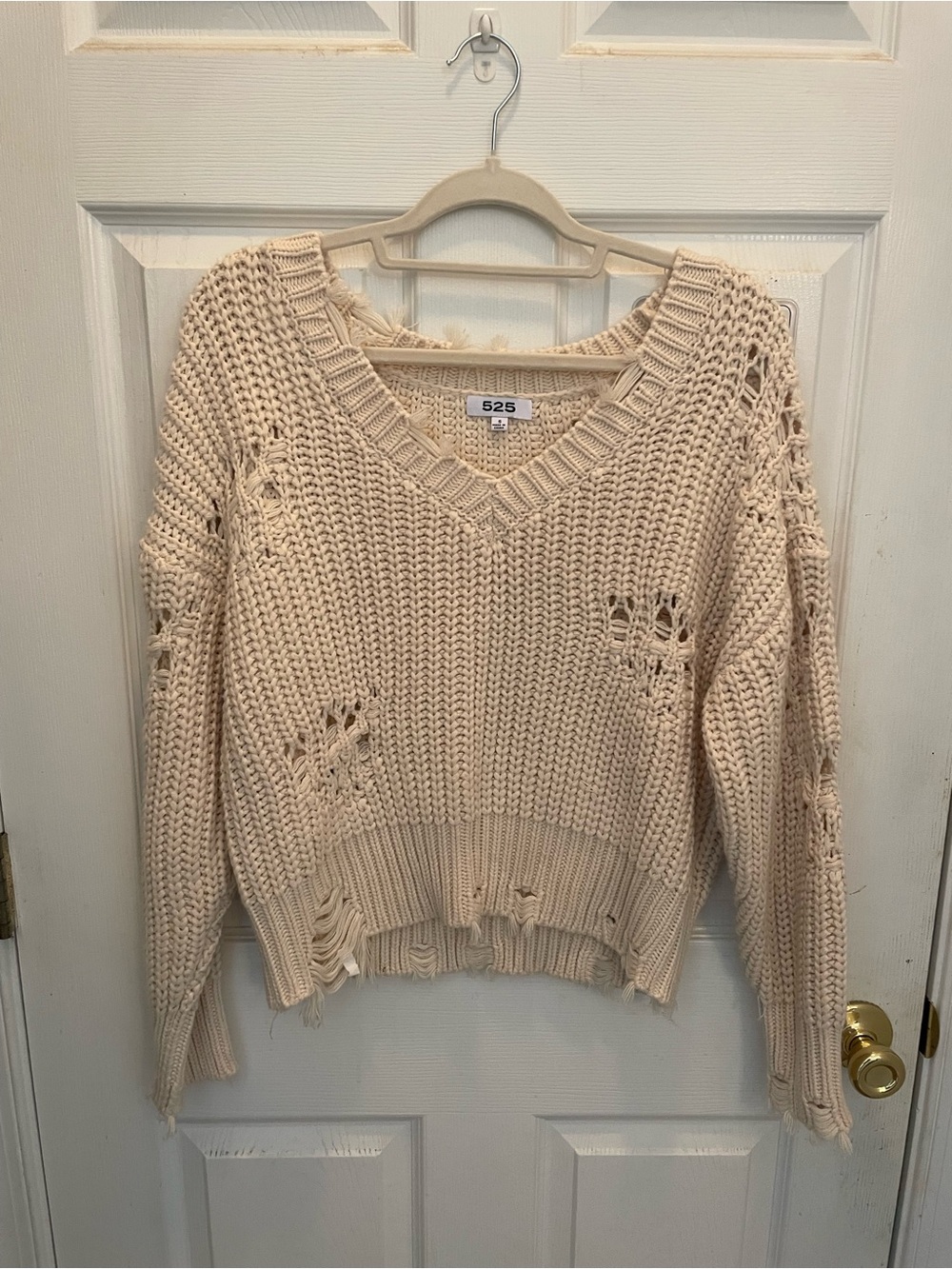 525 America Distressed Cream V-Neck Chunky Open-Knit Sweater